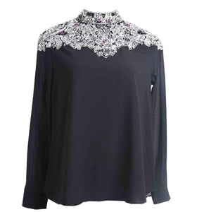 Luxury Diamonds Lace Stand Collar Long Sleeve Chiffon Blouse Runway Pullover/Plus Sizes