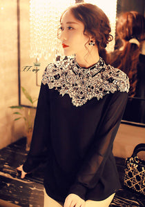 Luxury Diamonds Lace Stand Collar Long Sleeve Chiffon Blouse Runway Pullover/Plus Sizes