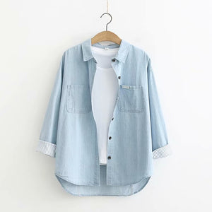 Leisure Denim Shirt Fall 2019 Women Blue Button Shirts Women Long Sleeve Tops Boyfriend Style Streetwear